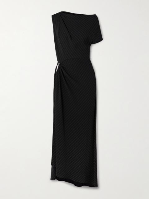 BRANDON MAXWELL The Lowery One-sleeve Asymmetric Embellished Pinstriped Twill Dress
