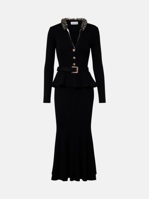 self-portrait Belted embellished ribbed-knit midi dress