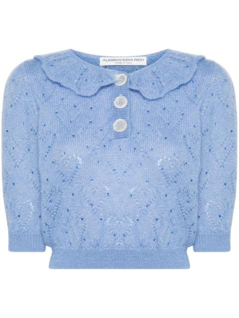 crystal-embellished pointelle-knit top