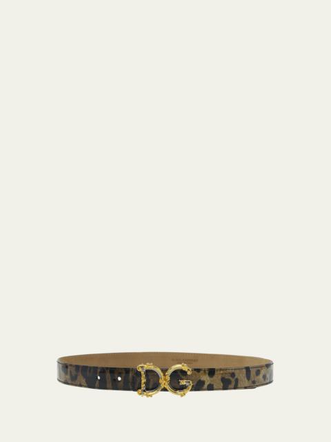 Leopard Patent Leather Belt With Baroque Logo Buckle