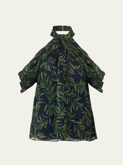 CAROLINA HERRERA Olive-Print Draped Cold-Shoulder Chiffon Halter Blouse
