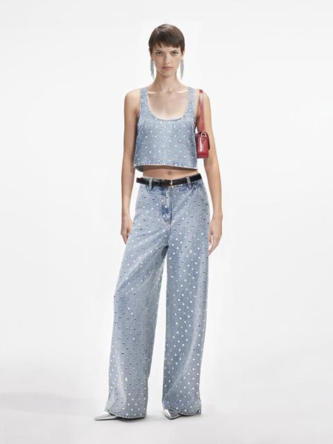 self-portrait Square Rhinestone Denim Top