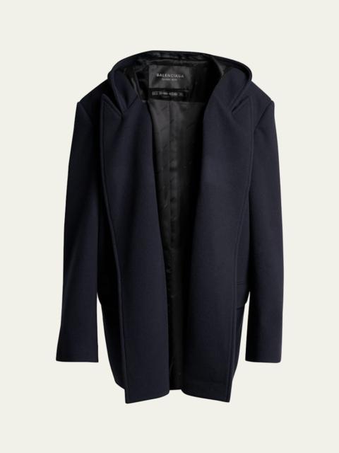 BALENCIAGA Men's Wool Oversized Hooded Short Coat