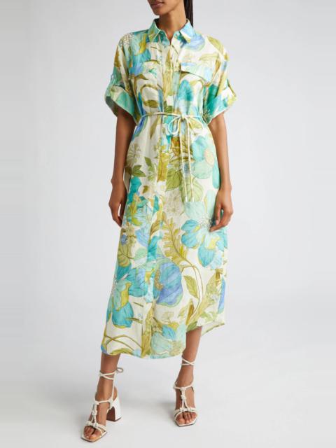 Janis Floral Print Belted Linen Midi Shirtdress