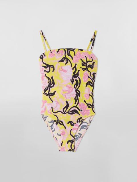 Marni ONE-PIECE SWIMMING COSTUME IN YELLOW FLOREAL STRIPE PRINT