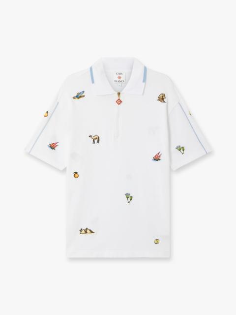 CASABLANCA White Icon Quarter Zip Embroidered Short Sleeve Polo Shirt