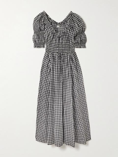 DÔEN Ischia Shirred Gingham Cotton-voile Midi Dress