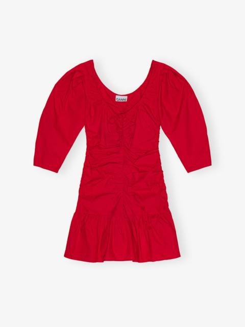 GANNI RED COTTON POPLIN GATHERED U-NECK MINI DRESS