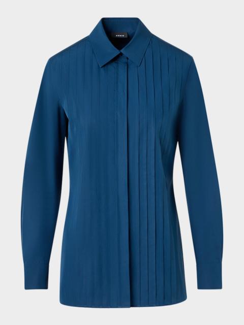 AKRIS Pleated Front Cotton Poplin Button-Down Shirt