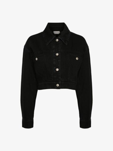 Alexander McQueen Women's Dropped Shoulder Cropped Denim Jacket in Black