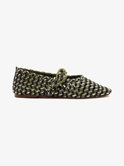 Larroudé Verona Macrame Ballet Flat In Seaweed, Black and Silver Metallic Leather