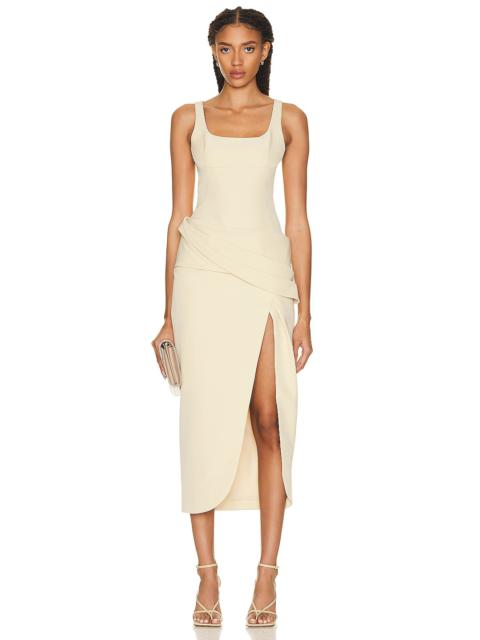 Angeline Technical Cocktail Crepe Draped Midi Dress