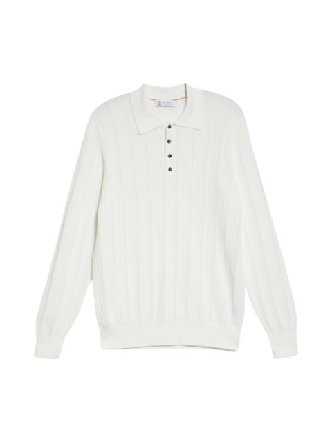 Ribbed Long Sleeve Cotton Sweater Polo