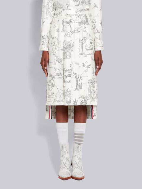 Thom Browne White Silk Twill Animal Camp Toile Dropped Back Pleated Below-the-Knee Skirt