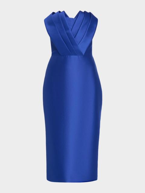 BADGLEY MISCHKA Strapless Pleated Fan Mikado Midi Dress