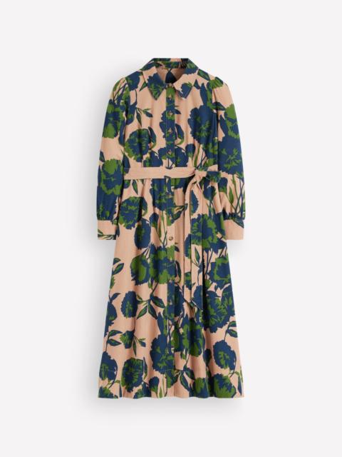 BODEN Maeve Cord Midi Shirt Dress-Cool Cocoa, Forest Breeze