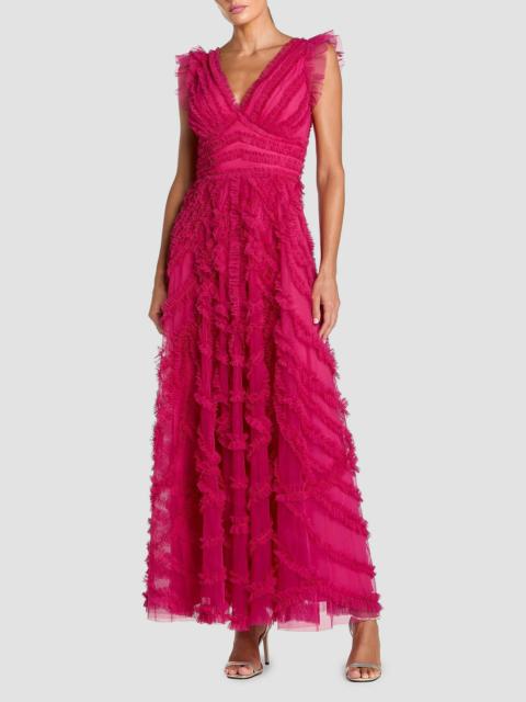 MAC DUGGAL Women's Ruffled Mesh Midi-Dress - Fuchsia