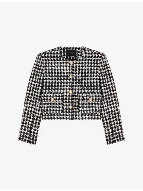 maje Houndstooth Round-Neck Tweed Jacket
