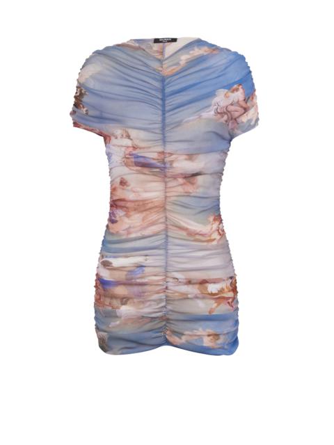 Sky printed gathered tulle dress