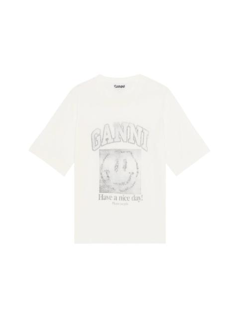 GANNI Ganni Womens Smiley O-neck Mid Sleeve Light Cotton Jersey T-shirt White