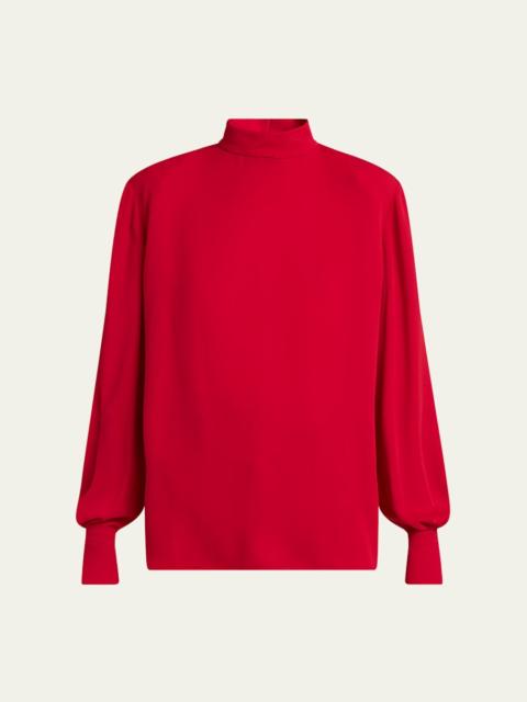 Valentino Mock-Neck Silk Long-Sleeve Top