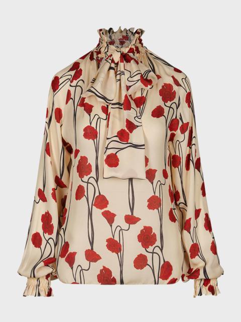 Johanna Ortiz Red Petals Neck-Tie Long-Sleeve Silk Top