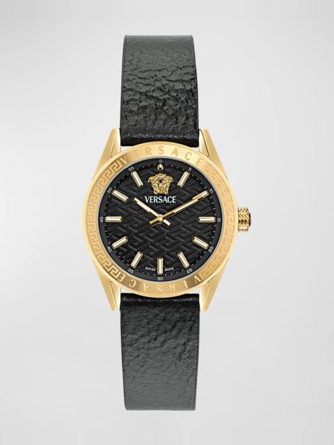 VERSACE 36mm V-Code Watch with Calf Leather Strap, Yellow Gold/Black