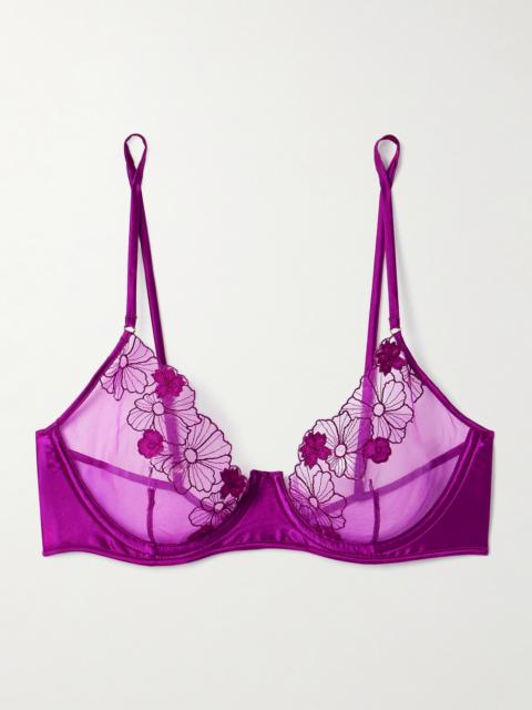 KIKI DE MONTPARNASSE Violet Satin-trimmed Appliquéd Embroidered Tulle Underwired Soft-cup Bra