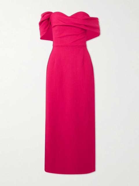 CAROLINA HERRERA Off-the-shoulder draped wool-blend crepe midi dress Red