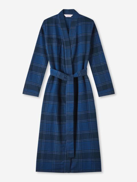 Derek Rose Women's Long Dressing Gown Kelburn 27 Brushed Cotton Navy