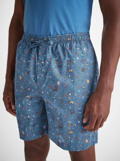 Derek Rose Men's Lounge Shorts Cotton Batiste Blue Sea Friends Print