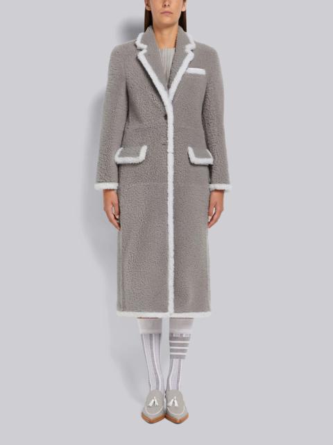 Thom Browne Medium Grey Dyed Shearling Contrast Framing Wide Lapel Overcoat