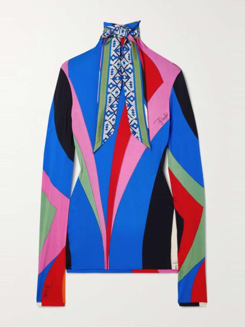 Tie-detailed printed silk-twill trimmed stretch-jersey top