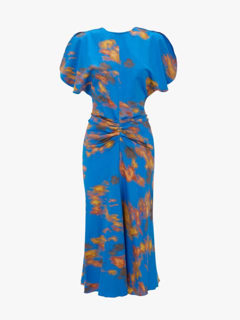 Victoria Beckham Gathered Waist Midi Dress In Blue Abstract Floral Print
