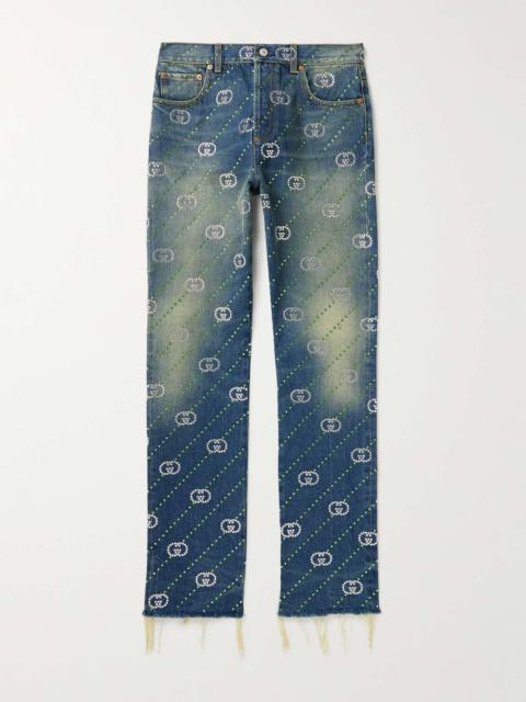 GUCCI Straight-Leg Frayed Crystal-Embellished Jeans