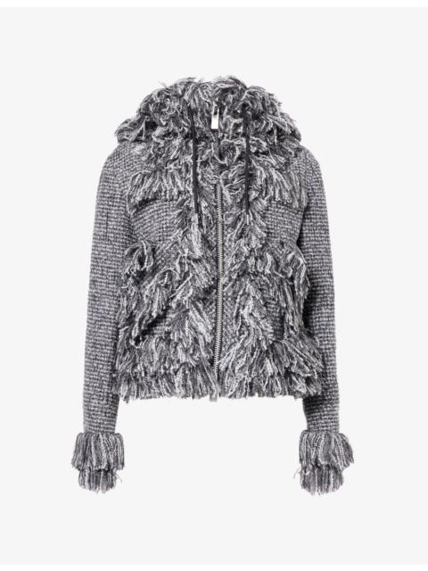 sacai Tassel-Trim Hooded Tweed Jacket
