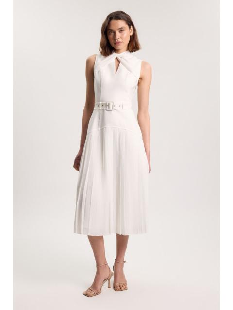 KAREN MILLEN Ponte And Textured Georgette Button Mix Cut Out Detail Pleated Maxi Dress