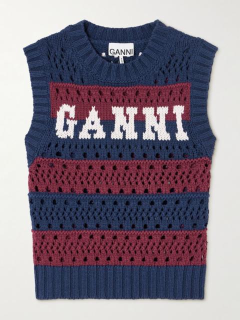 GANNI Cropped open-knit recycled cotton-blend vest Blue