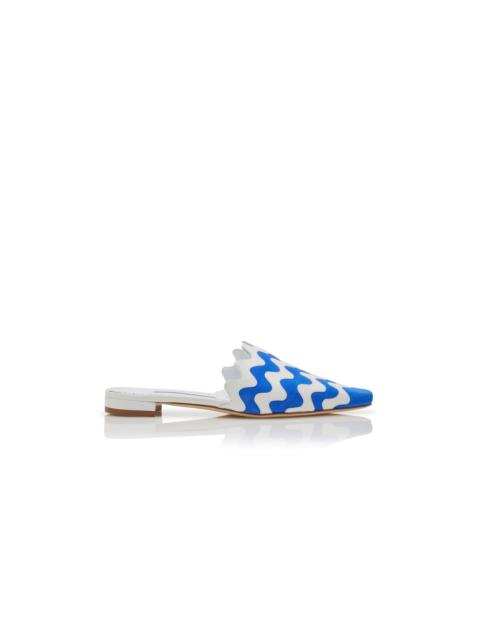 Manolo Blahnik Blue and White Suede Flat Mules