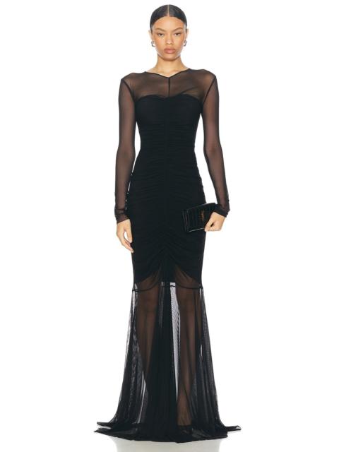 NORMA KAMALI Longsleeve V Neck Shirred Front Fishtail Gown