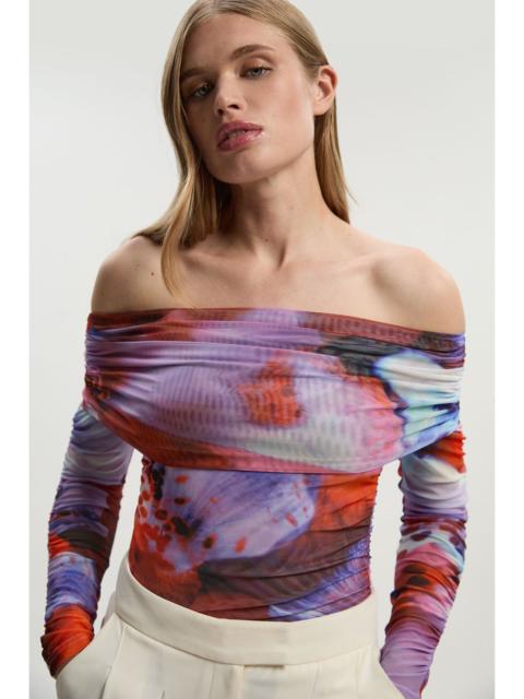KAREN MILLEN Floral Printed Mesh Off The Shoulder Bodysuit
