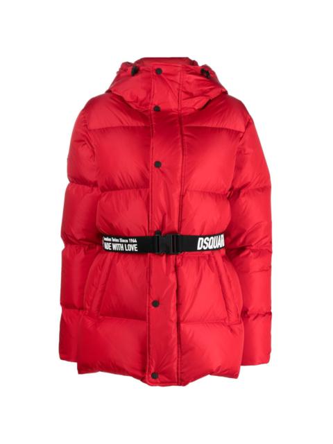 hooded belted puffer jacket