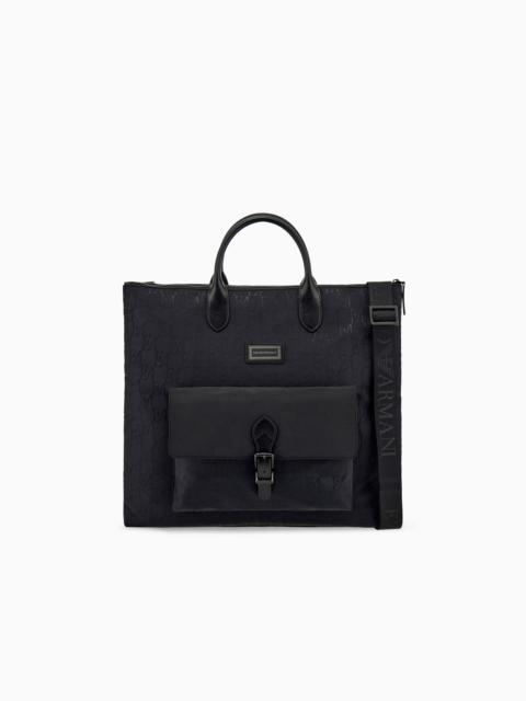 EMPORIO ARMANI TOTE BAG WITH MONOGRAM PATTERN AND BONDED LEATHER HANDLES