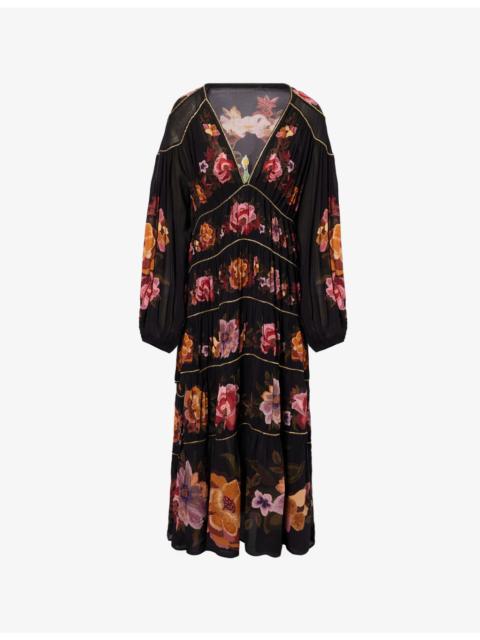 FARM RIO Chenille Flowers Long-Sleeve Woven Maxi Dress