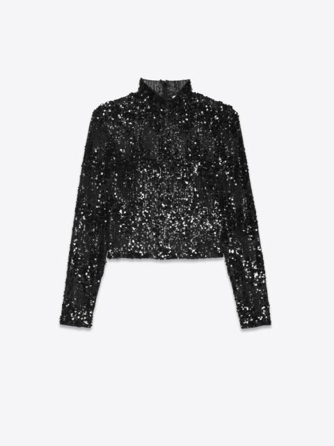 SAINT LAURENT fitted top in embroidered tulle with sequins