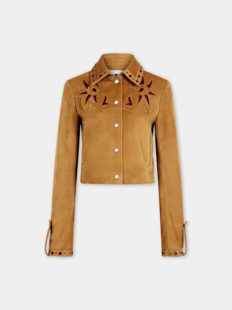 rabanne FITTED CAMEL LEATHER JACKET WITH EMBELLISHMENTS