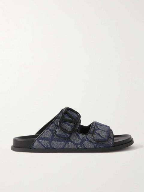 Valentino Leather-Trimmed Logo-Jacquard Denim Slides