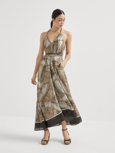 Brunello Cucinelli Silk papyrus print pongée dress with precious straps