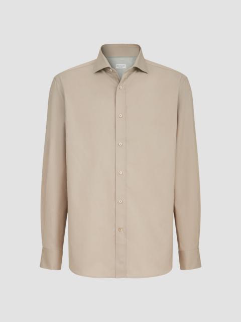 Brunello Cucinelli Men's Garment-Dyed Twill Shirt with Spread Collar - Beige
