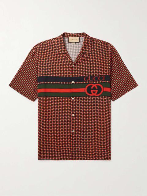 GUCCI Camp-Collar Printed Striped Silk Shirt